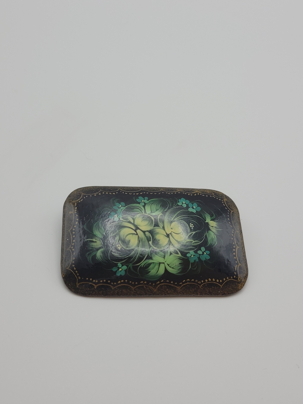 Vintage wooden Hand-Painted Floral Black and Green Signed Russian Lacquer Brooch